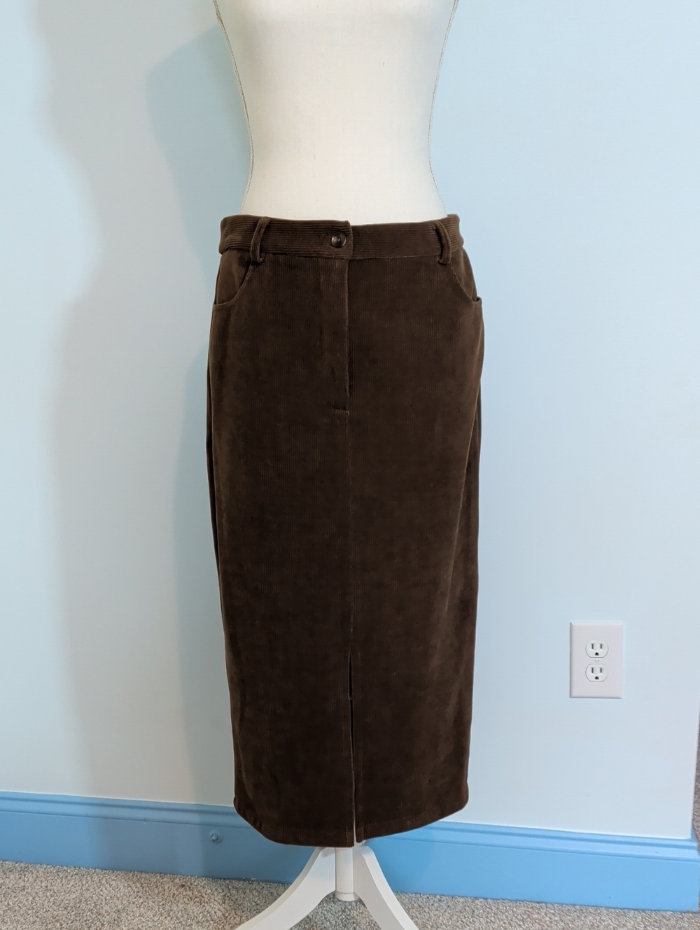 Pretty Garden Brown Corduroy Midi Skirt with Slit Granola Grandma Boho Hippie